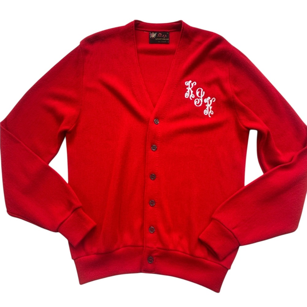 Max Sportswear Red Cardigan Sweater Mens L Embroidered Monogramed Grandpa VTG